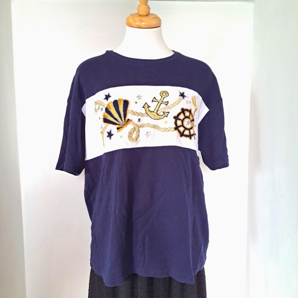 I.B. Diffusion | Blue & white embroidered sailing graphics with rhinestones